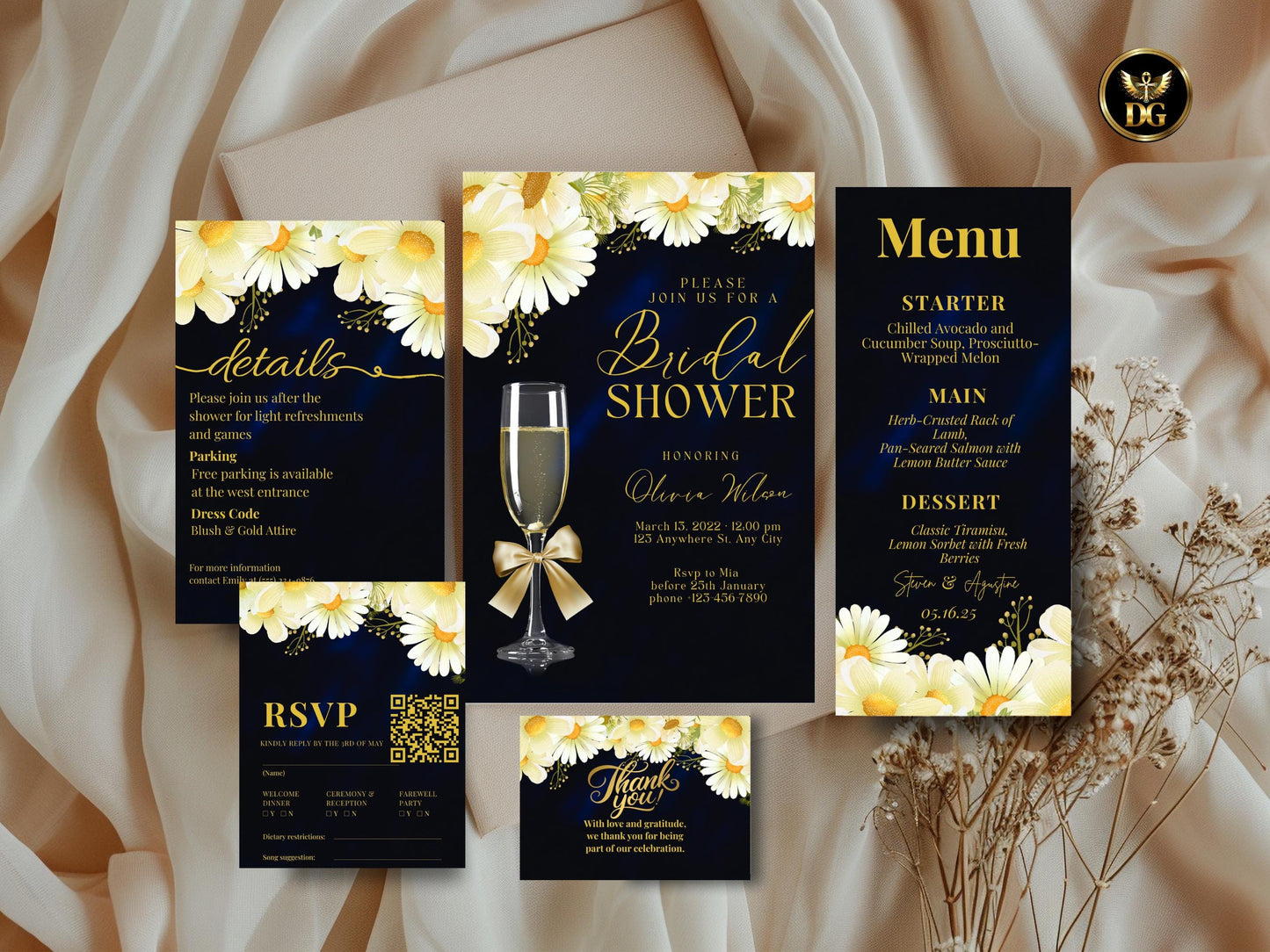 Daisy Floral Bridal Shower Invitation Suite Printable Digital Download Navy Printable Invitation Template Editable Canva Instant Download
