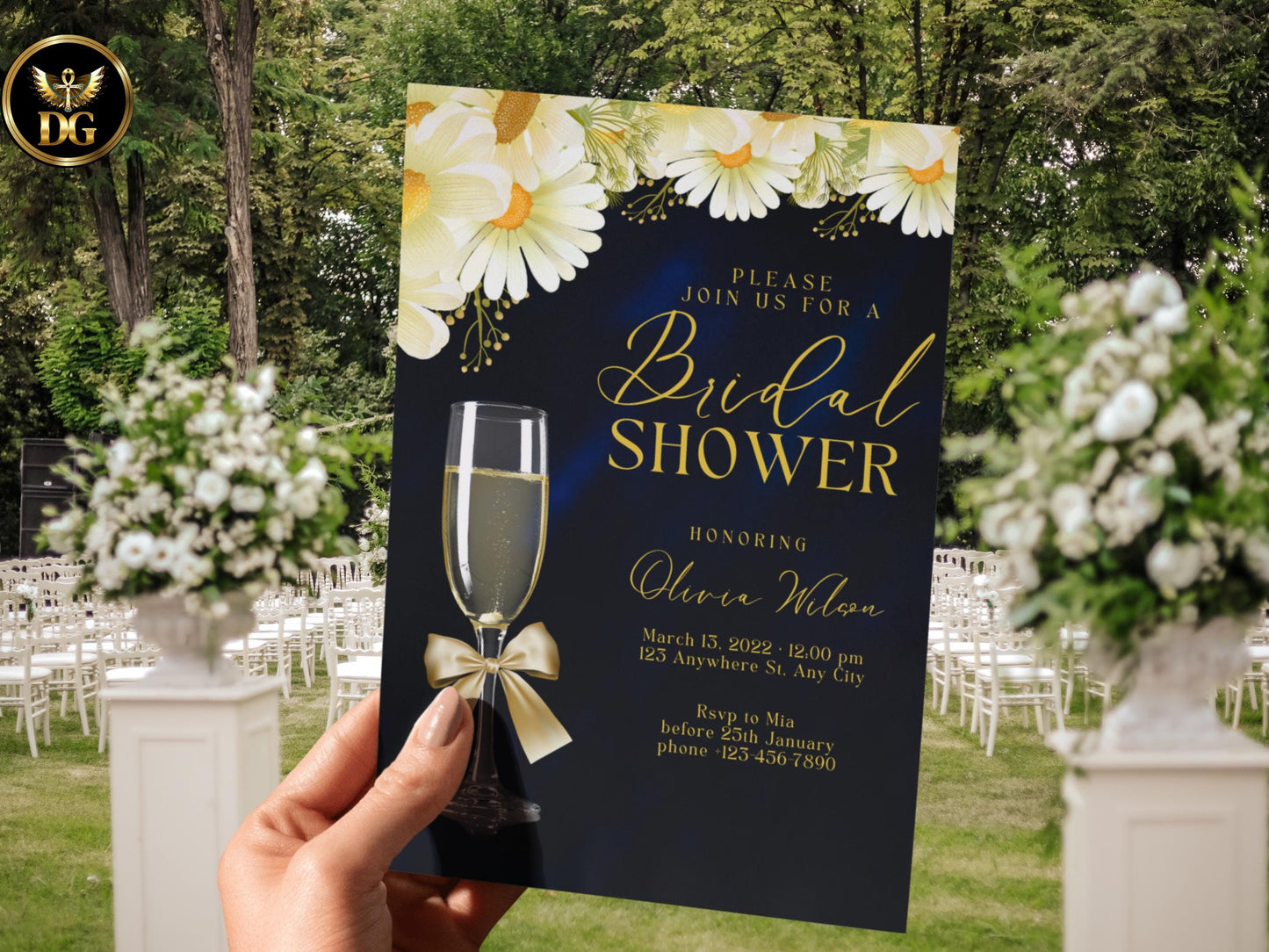 Daisy Floral Bridal Shower Invitation Suite Printable Digital Download Navy Printable Invitation Template Editable Canva Instant Download