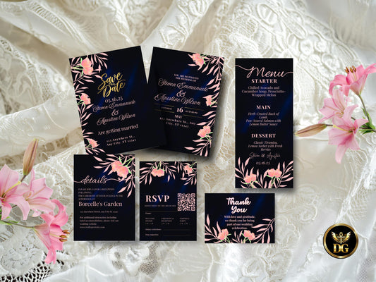 BlushLily Floral Wedding Invitation Suite Printable Digital Download Navy Pink Printable Invitation Template Editable Canva Instant Download