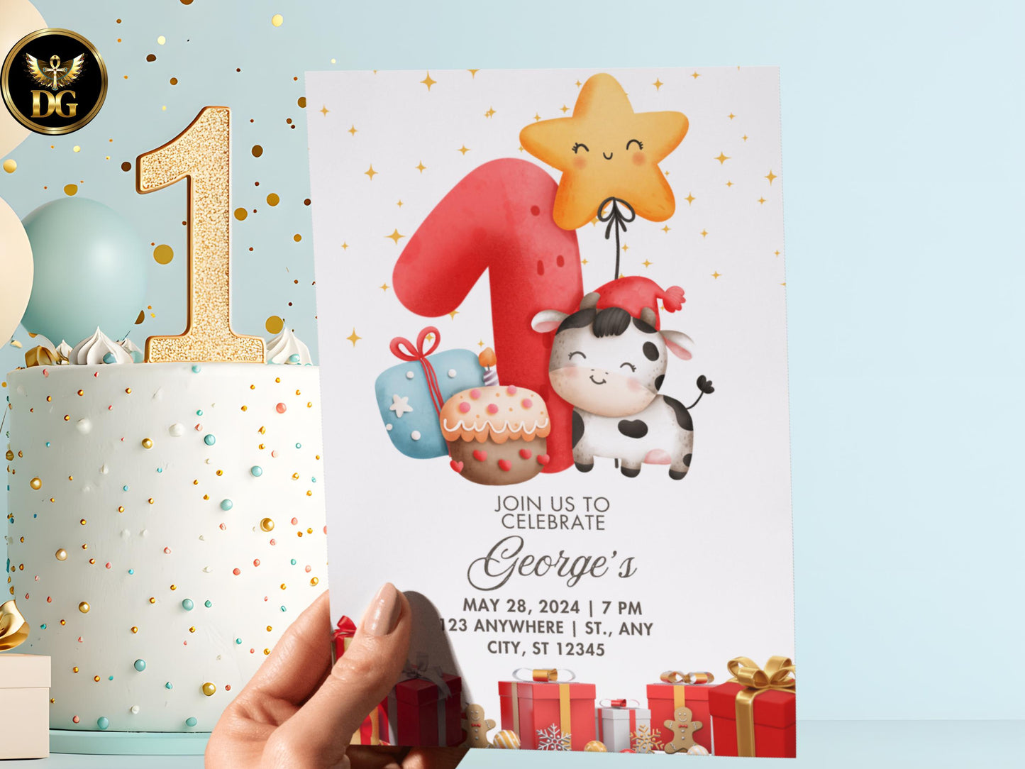 Cute Cow 1st Birthday Invitation Printable Digital Download Blue Gold Printable Invitation Template Editable Canva Instant Download