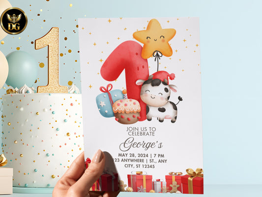 Cute Cow 1st Birthday Invitation Printable Digital Download Blue Gold Printable Invitation Template Editable Canva Instant Download