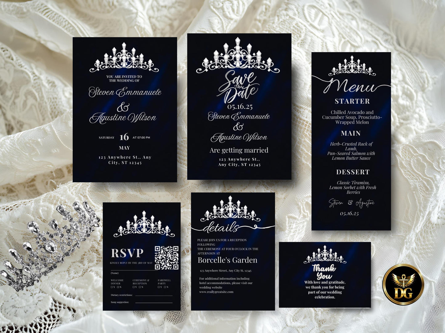 Royal Blue Velvet Wedding Invitation Set: Silver Crown (Digital Download) Printable Invitation Template Editable Canva Instant Download