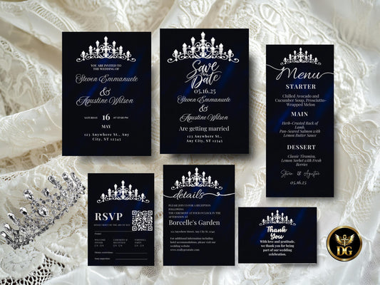 Royal Blue Velvet Wedding Invitation Set: Silver Crown (Digital Download) Printable Invitation Template Editable Canva Instant Download