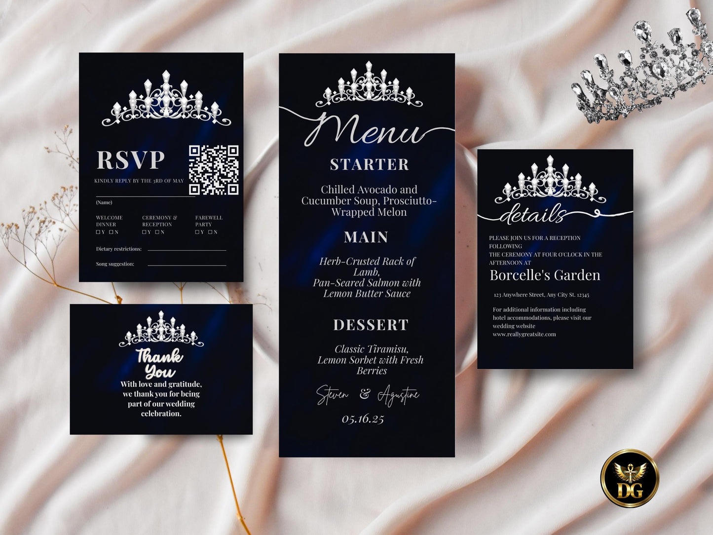 Royal Blue Velvet Wedding Invitation Set: Silver Crown (Digital Download) Printable Invitation Template Editable Canva Instant Download