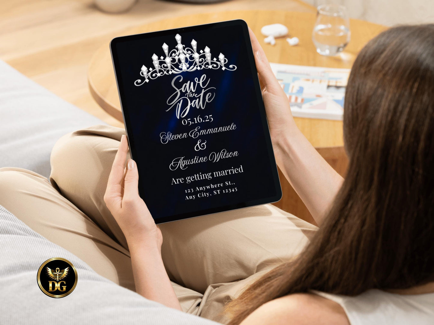 Royal Blue Velvet Wedding Invitation Set: Silver Crown (Digital Download) Printable Invitation Template Editable Canva Instant Download