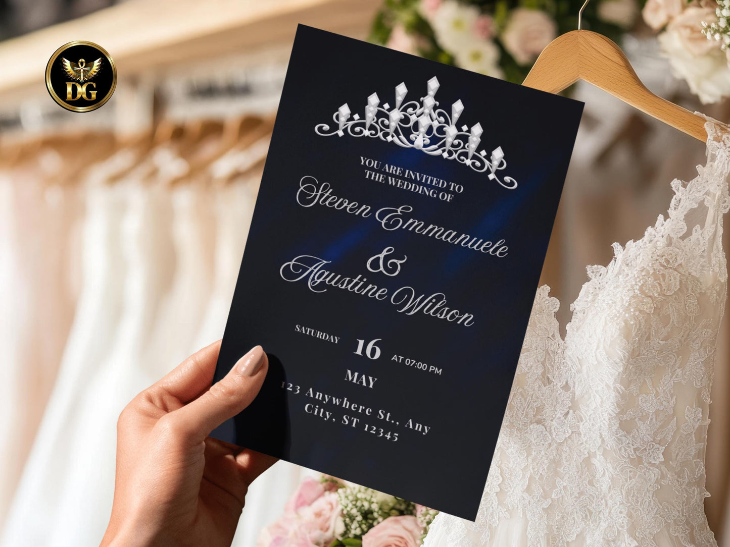 Royal Blue Velvet Wedding Invitation Set: Silver Crown (Digital Download) Printable Invitation Template Editable Canva Instant Download