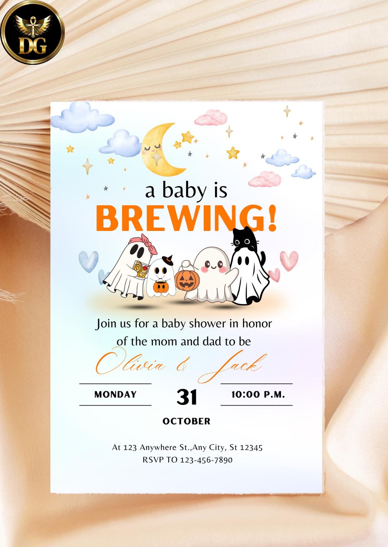 Halloween Baby Shower Invitation Ghost&Pumpkin Theme (Digital Download, Editable Canva Template)Printable Invitation Template Editable Canva