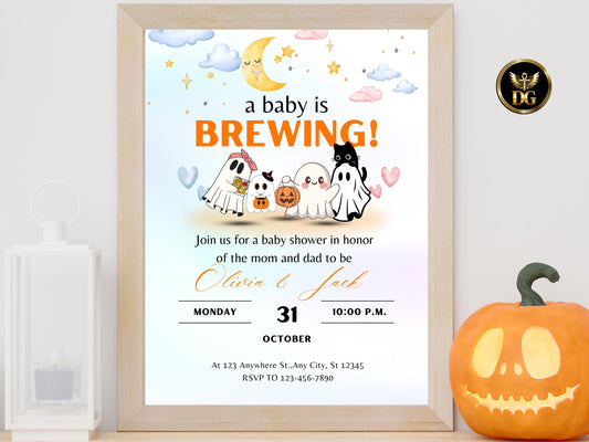 Halloween Baby Shower Invitation Ghost&Pumpkin Theme (Digital Download, Editable Canva Template)Printable Invitation Template Editable Canva
