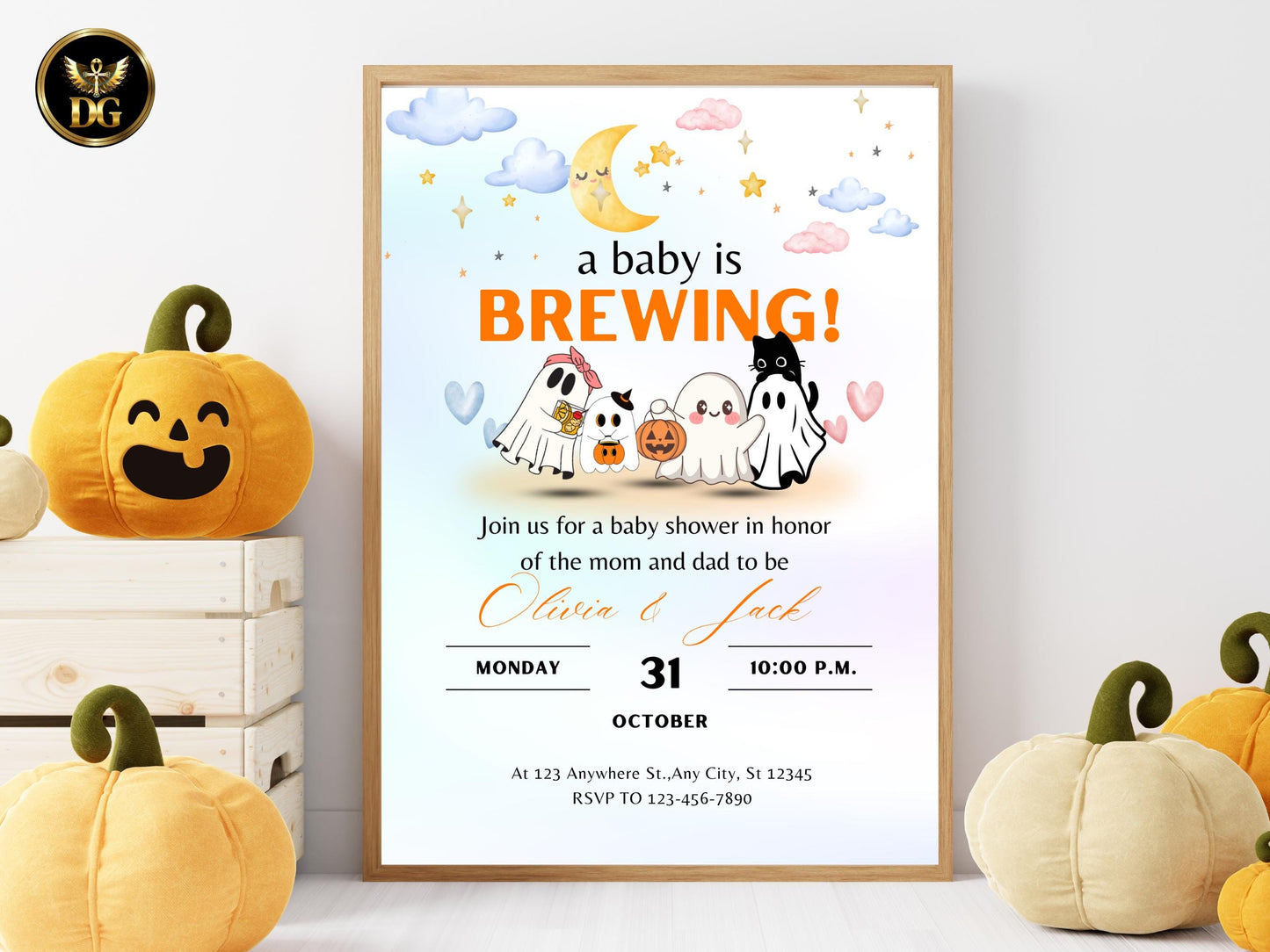 Halloween Baby Shower Invitation Ghost&Pumpkin Theme (Digital Download, Editable Canva Template)Printable Invitation Template Editable Canva