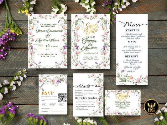 Floral Boho Wedding Invitation Suite Printable Save the Date Invite Menu, RSVP Digital Download Printable Invitation Template Editable Canva