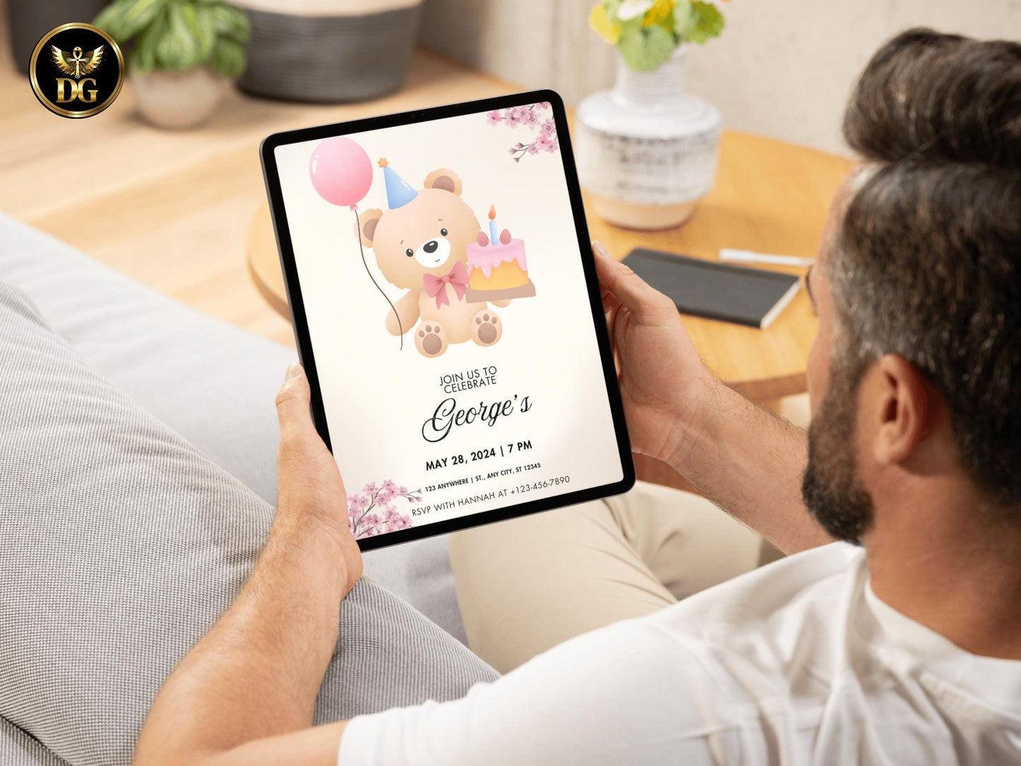 Boho TeddyBear Birthday Invitation Watercolor Floral Editable Digital Download Printable Invitation Template Editable Canva Instant Download