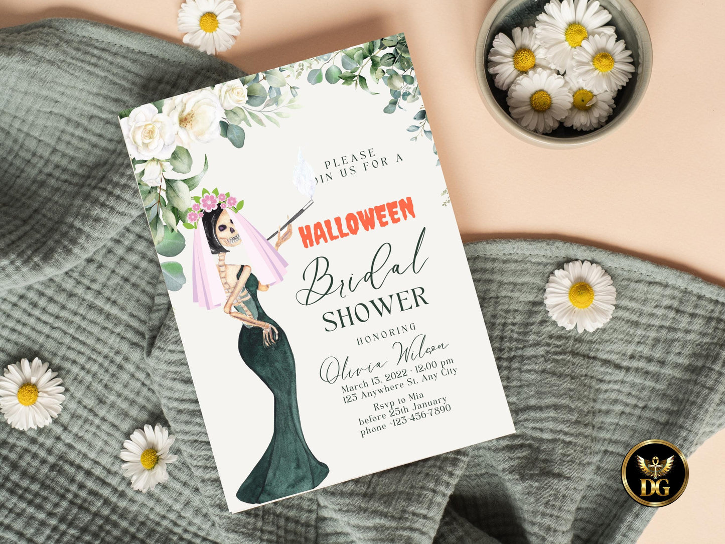 Spooky Skeleton Bride Halloween Bridal Shower Invite Editable Printable Template Gothic Digital Download Printable Invitation Template