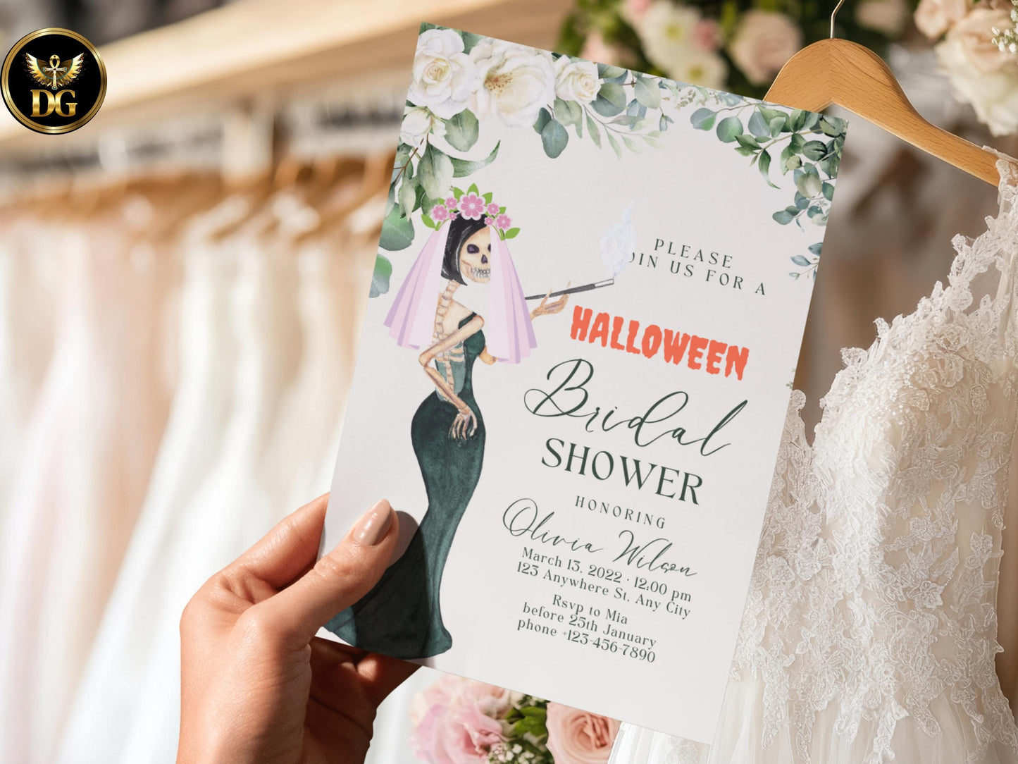 Spooky Skeleton Bride Halloween Bridal Shower Invite Editable Printable Template Gothic Digital Download Printable Invitation Template