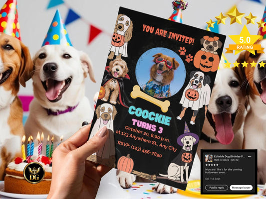 Editable Dog Birthday Pawty Invitation Halloween Pet Photo Template Digital Download Printable Invitation Template Editable Instant Download