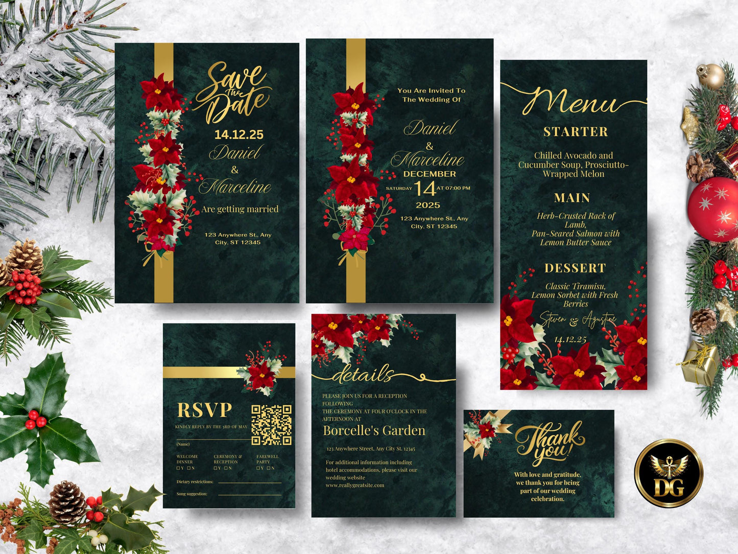 Emerald & Gold Poinsettia Wedding Invitation Suite (Digital Download) Printable Invitation Template Editable Canva Instant Download
