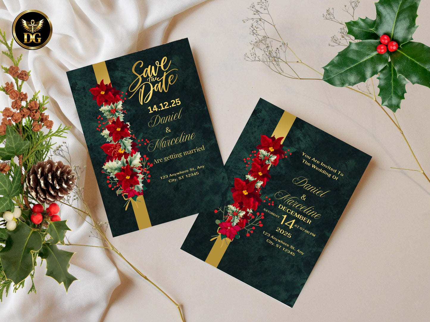 Emerald & Gold Poinsettia Wedding Invitation Suite (Digital Download) Printable Invitation Template Editable Canva Instant Download