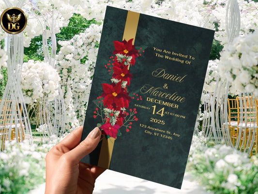 Emerald & Gold Poinsettia Wedding Invitation Suite (Digital Download) Printable Invitation Template Editable Canva Instant Download