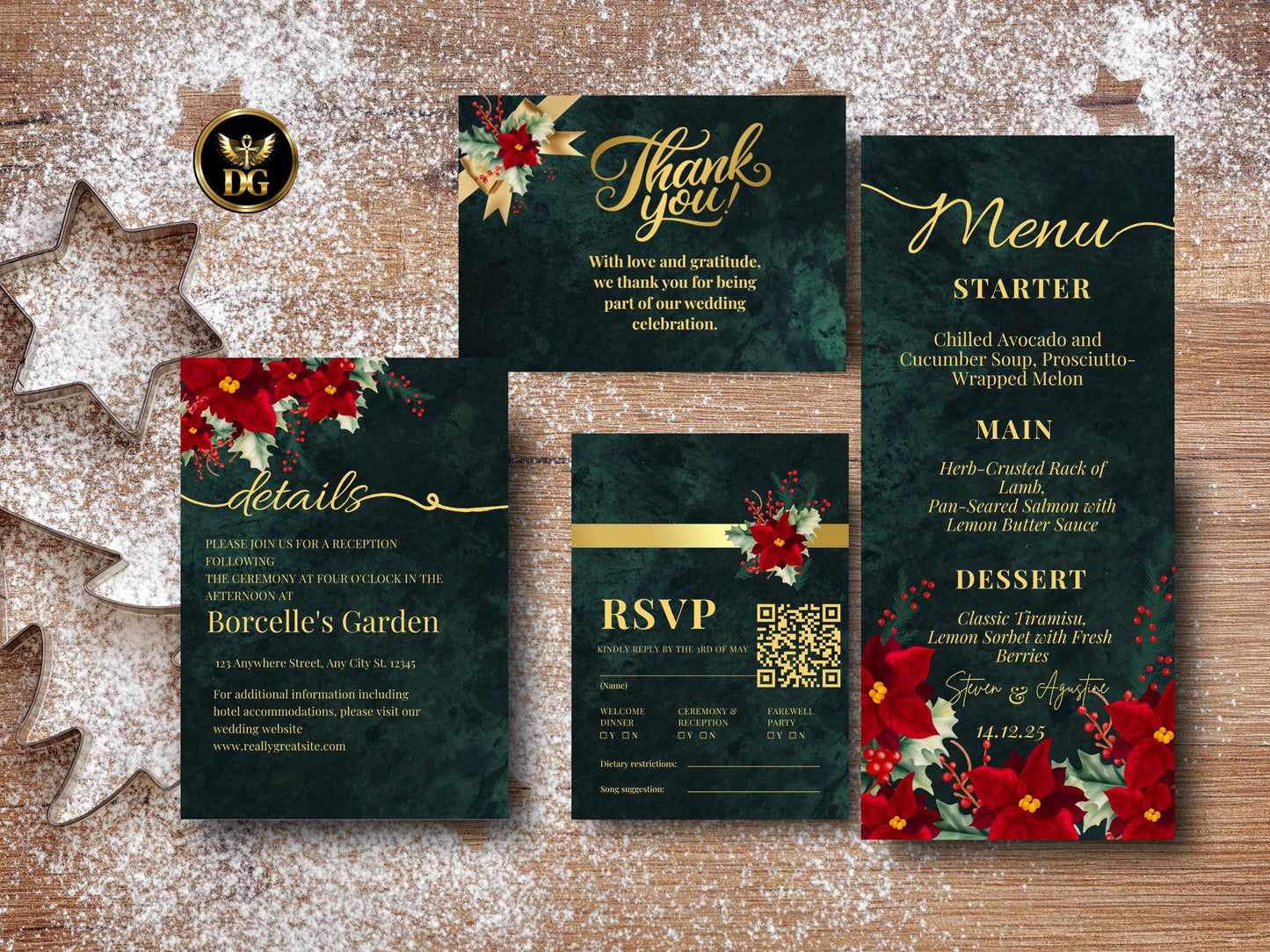 Emerald & Gold Poinsettia Wedding Invitation Suite (Digital Download) Printable Invitation Template Editable Canva Instant Download