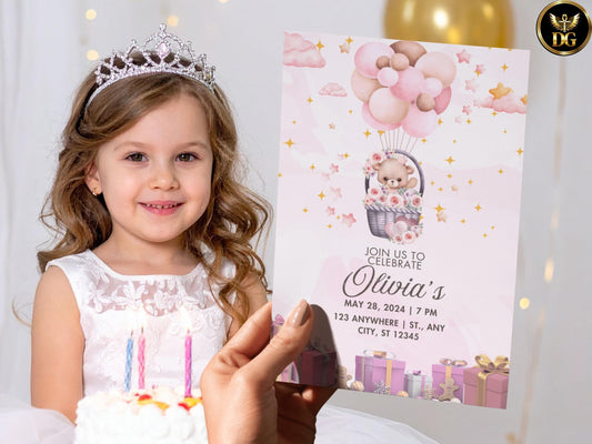 Pink Teddy Bear Birthday Invitation Editable Girl's First Birthday Digital Template Printable Template Editable Canva Instant Download