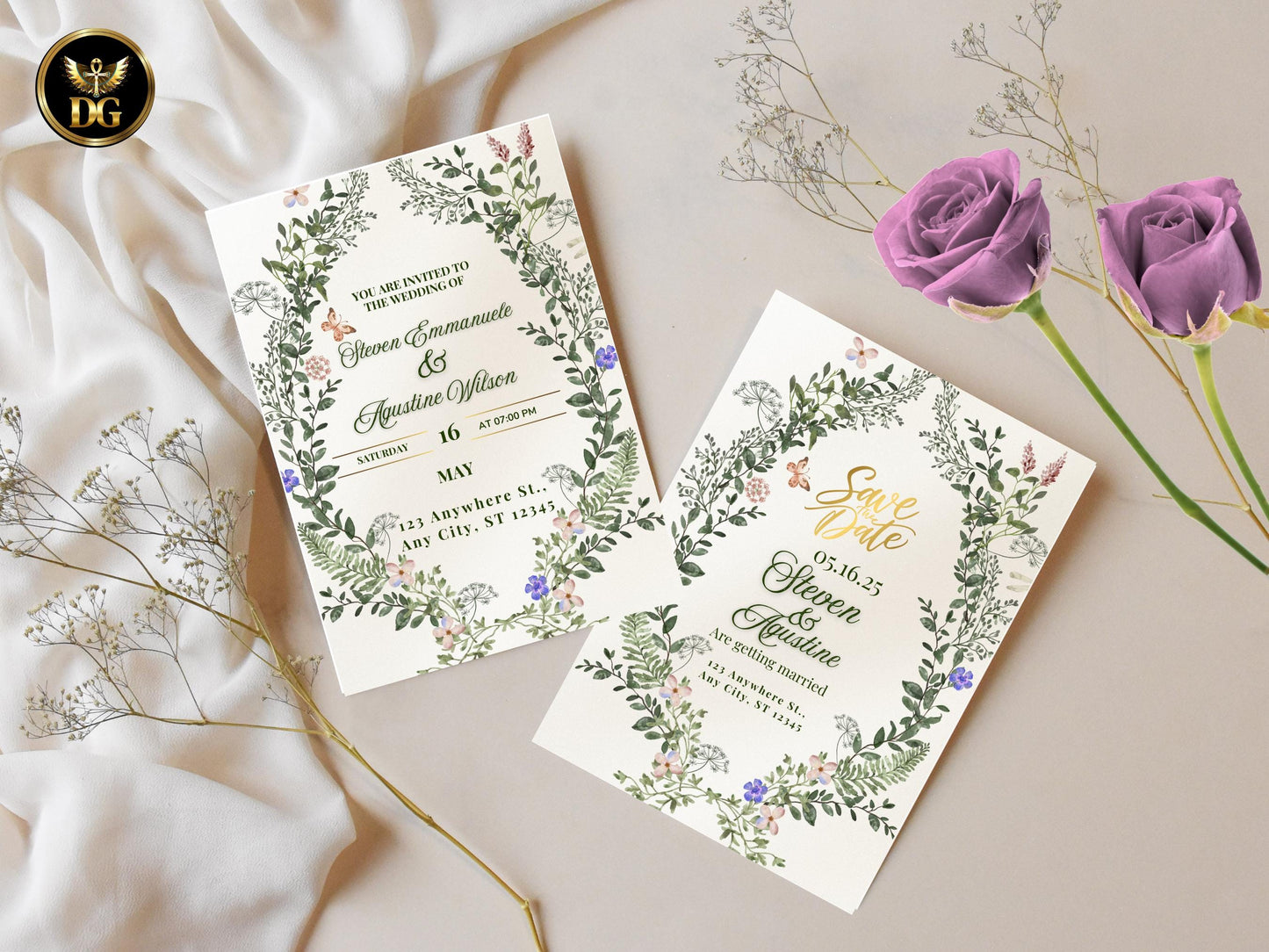 Elegant Floral Wedding Invitation Suite | Printable Greenery Set Printable Invitation Template Editable Canva Instant Download