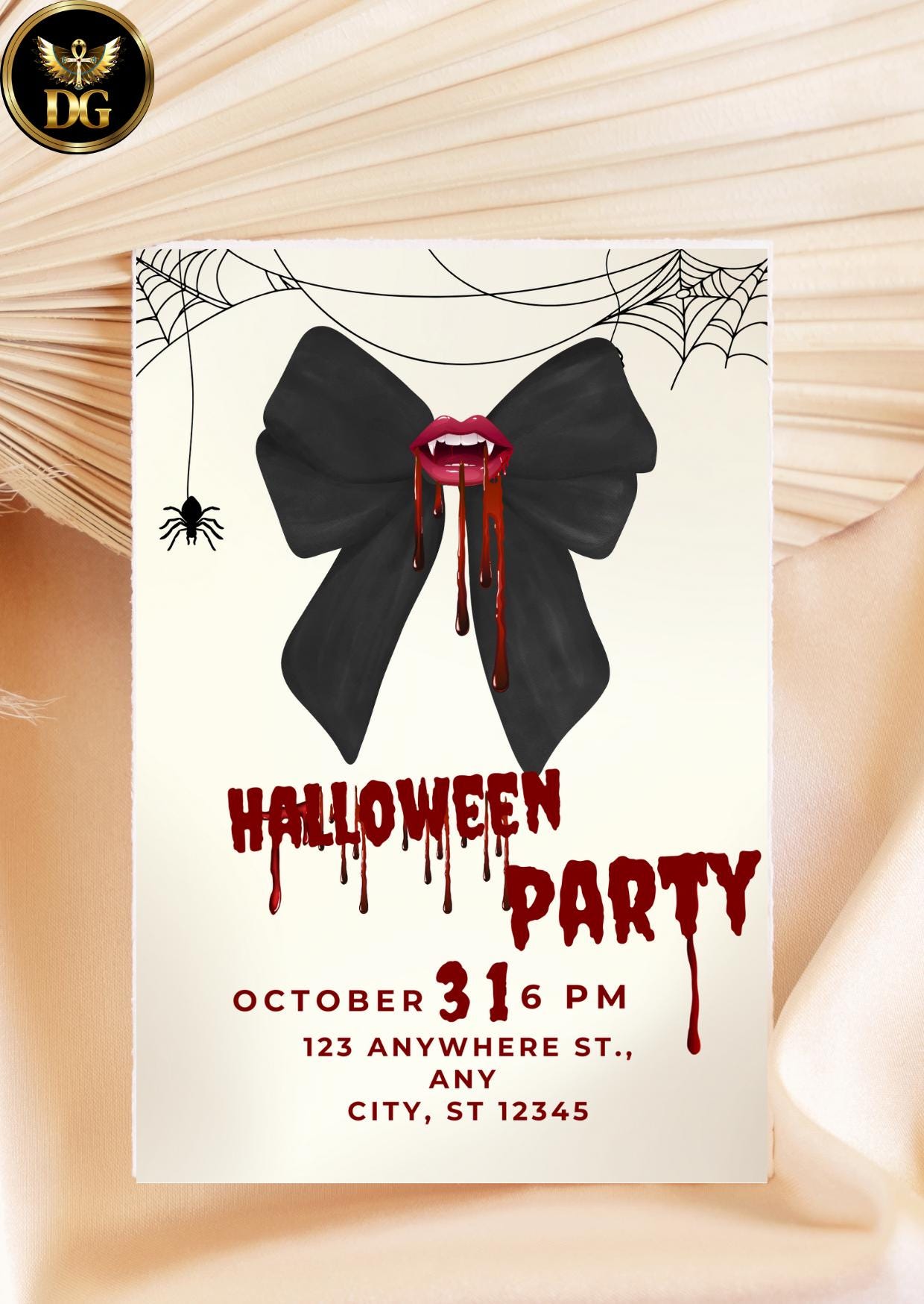 Halloween Party Invitation Template Editable Digital Download Spooky Bow Blood Drip Invite Customizable Canva File for Halloween Events