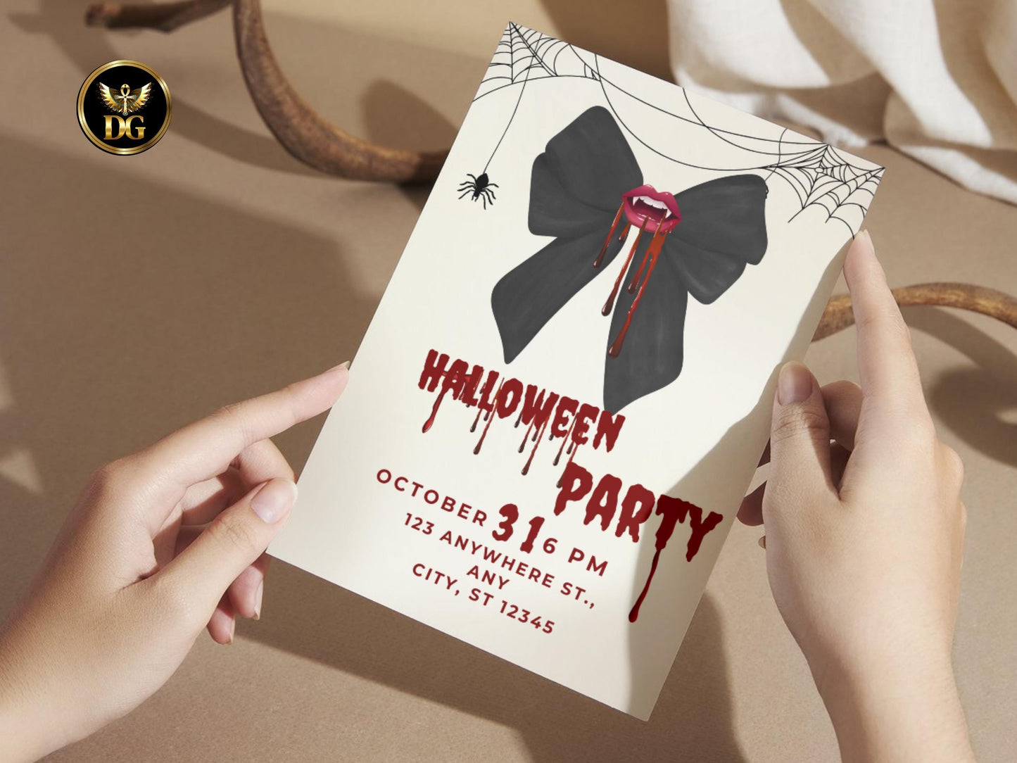 Halloween Party Invitation Template Editable Digital Download Spooky Bow Blood Drip Invite Customizable Canva File for Halloween Events