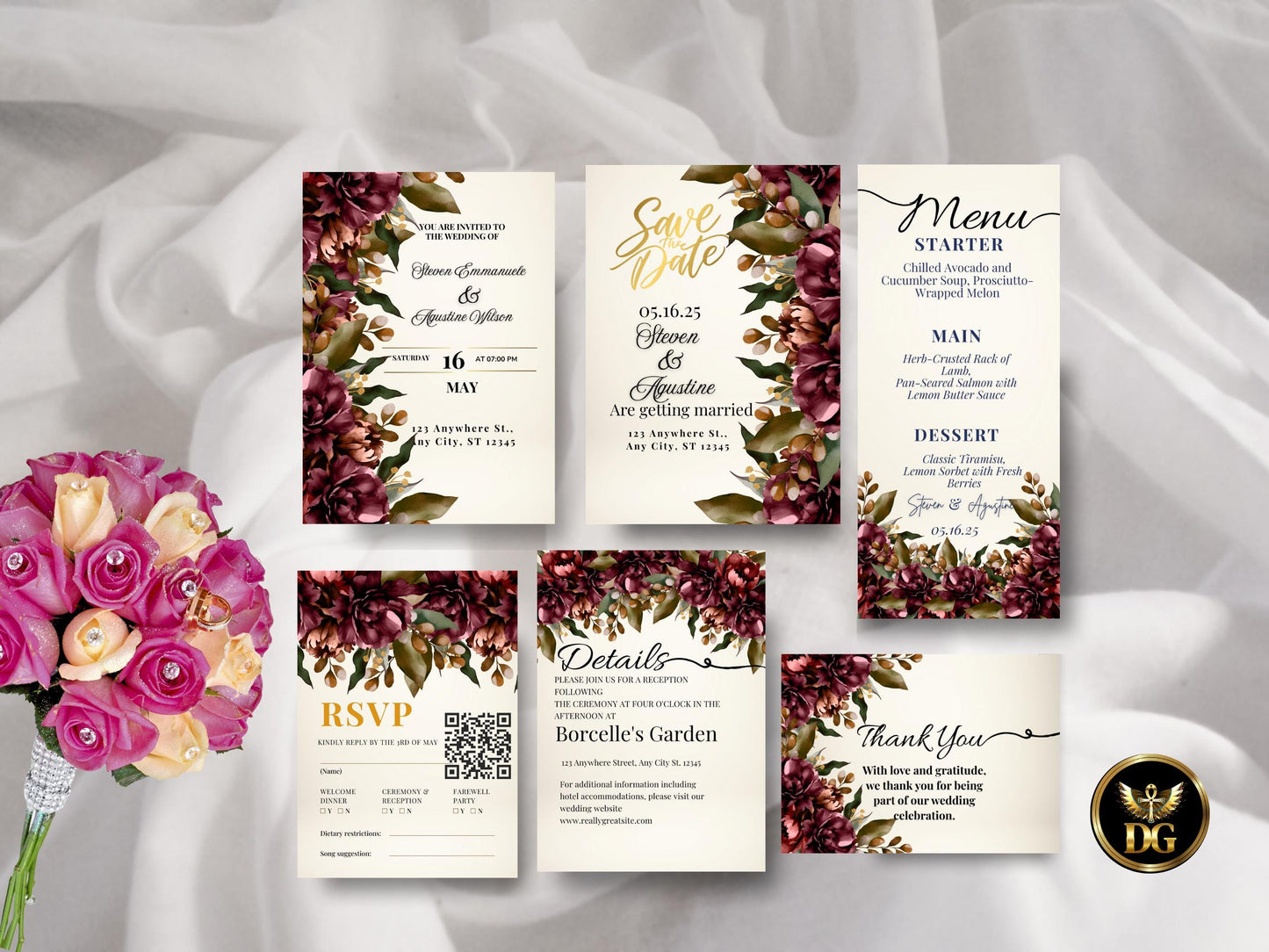 Burgundy Floral Wedding Invitation Suite: Editable Template (Digital Download) Printable Invitation Template Editable Canva Instant Download