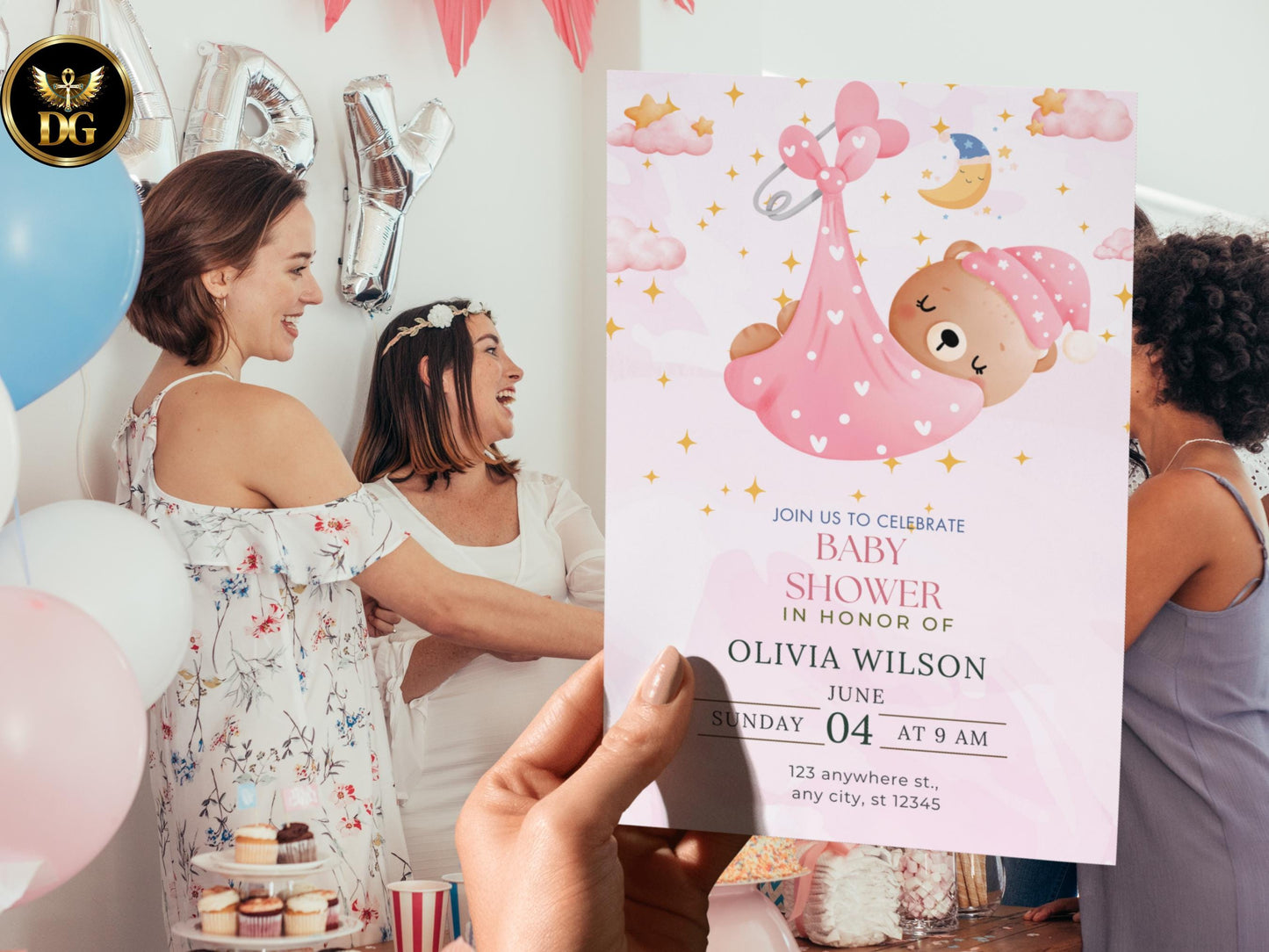 Baby Shower Invitation Template Editable Digital Download Cute Bear Pink Floral Invite Customizable Canva File for Baby Celebration