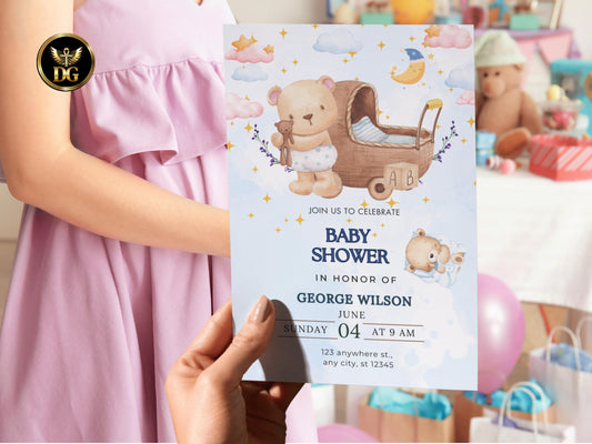 Baby Shower Invitation Template Editable Digital Download | Cute Bear Blue Floral Invite | Customizable Canva Photoshop File for Baby Party