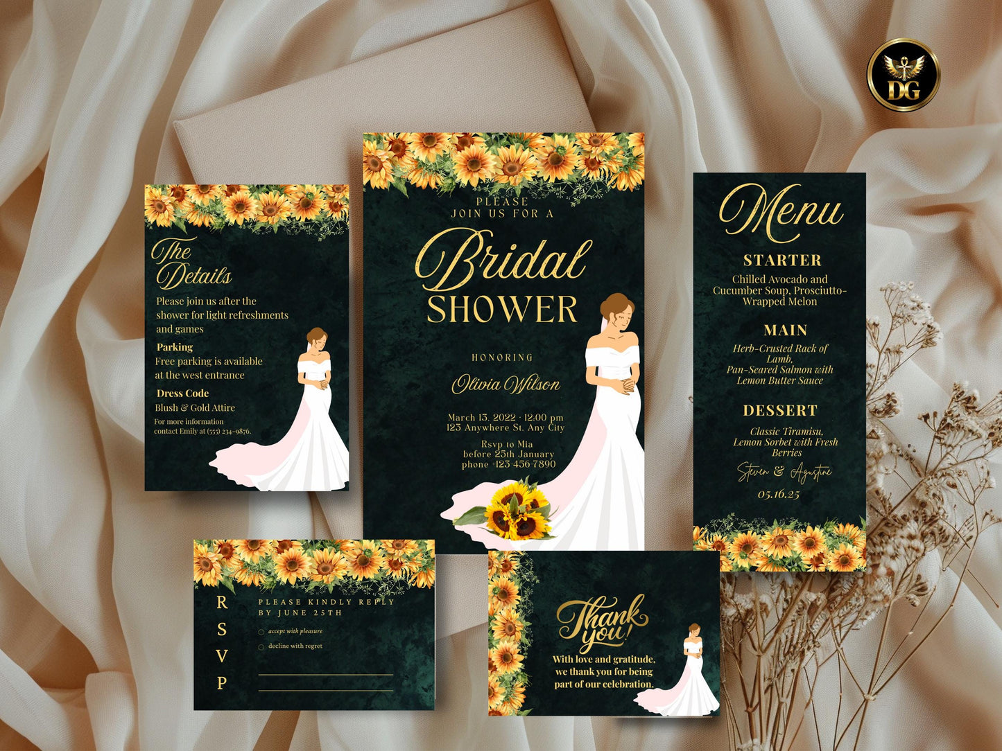 Sunflower Bridal Shower Invitation Suite: Editable Digital Download (Canva, Photoshop)