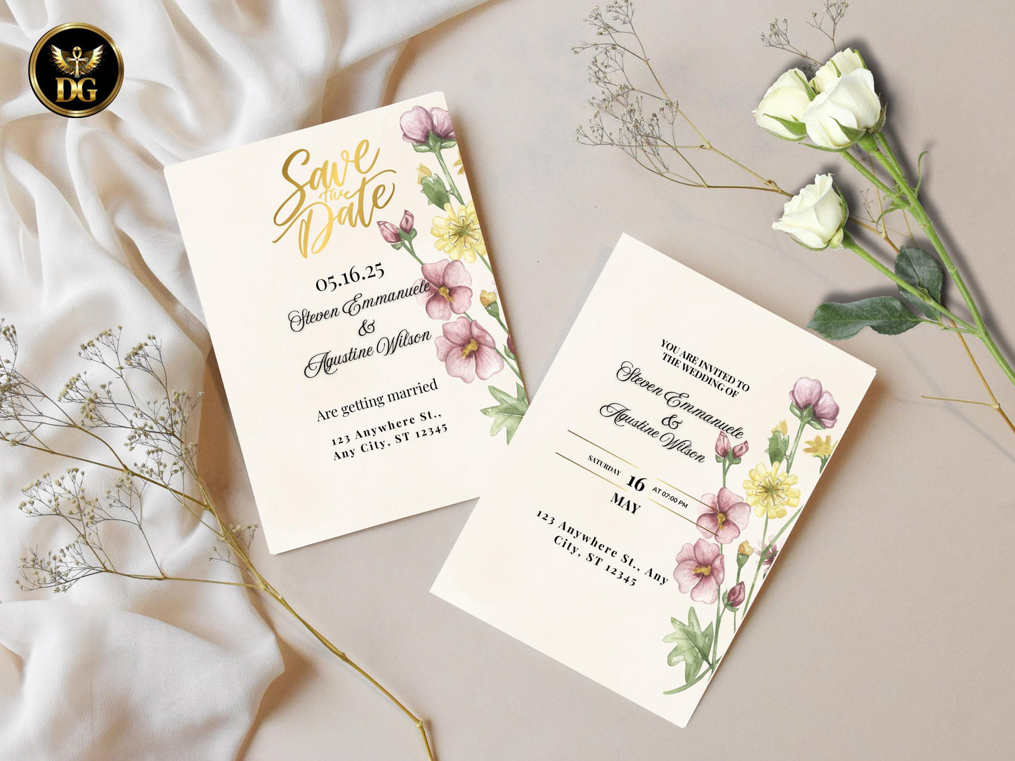 Floral Wedding Invitation Suite: Pink & Yellow (Digital Download)