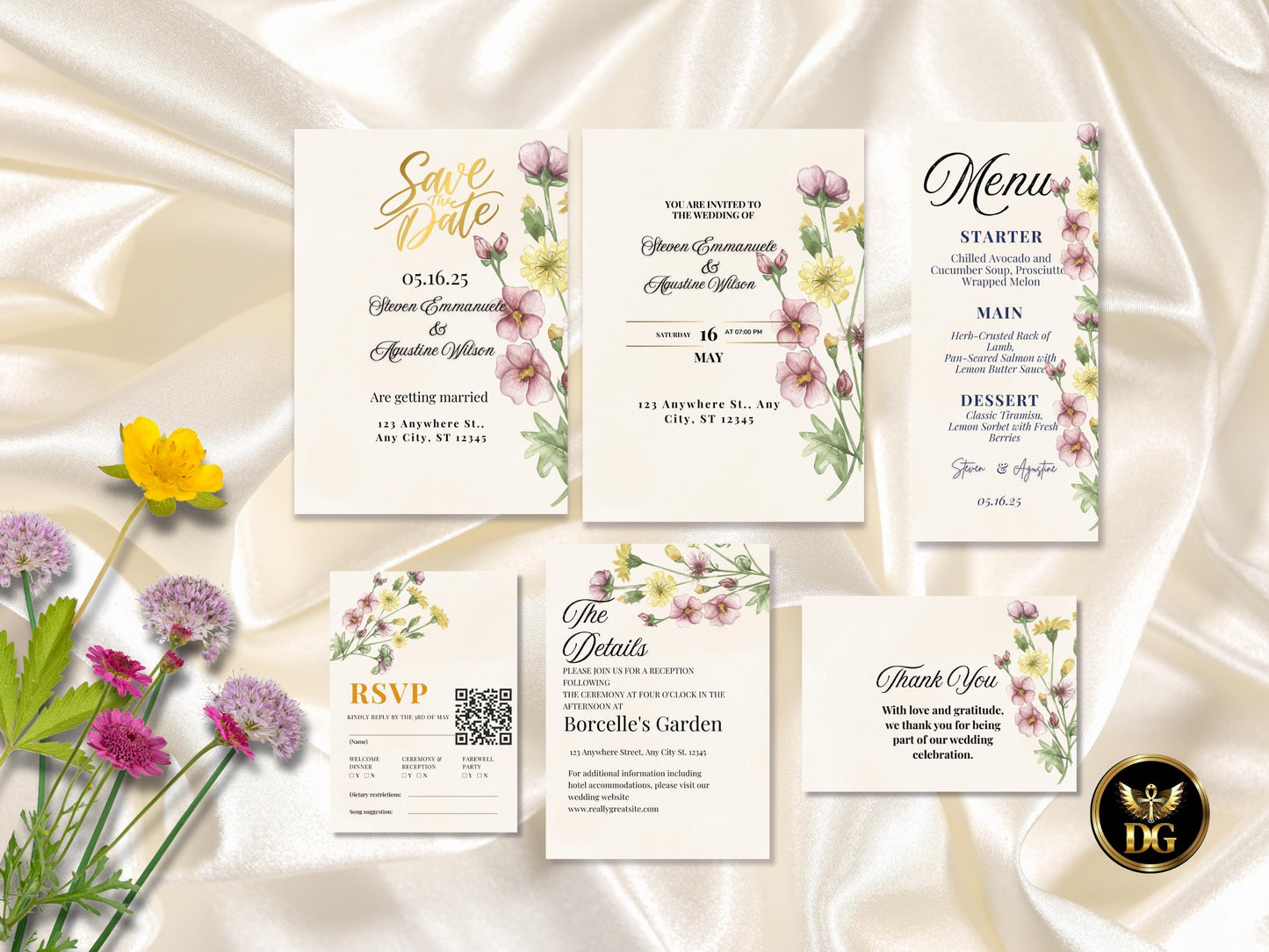 Floral Wedding Invitation Suite: Pink & Yellow (Digital Download)