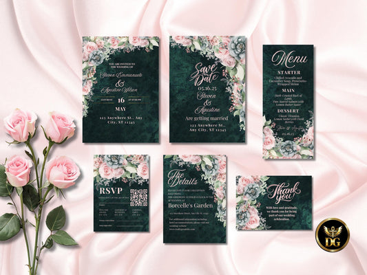 Emerald Green Floral Wedding Invitation Suite (Digital Download) Printable Invitation Template Editable Canva Instant Download