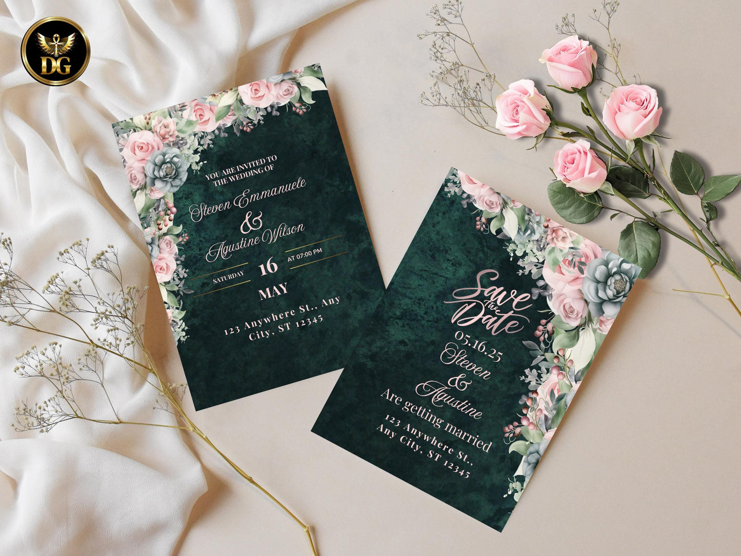 Emerald Green Floral Wedding Invitation Suite (Digital Download) Printable Invitation Template Editable Canva Instant Download