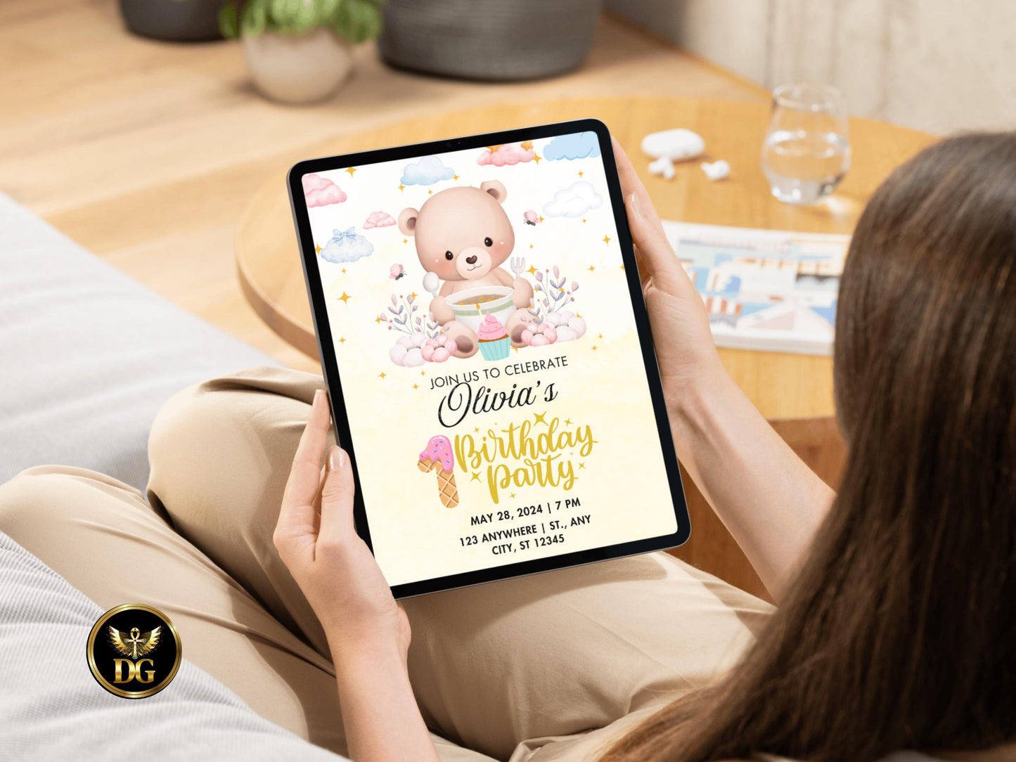 Teddy Bear Birthday Invitation: Pastel Stars, Whimsical First Birthday (Digital Download)