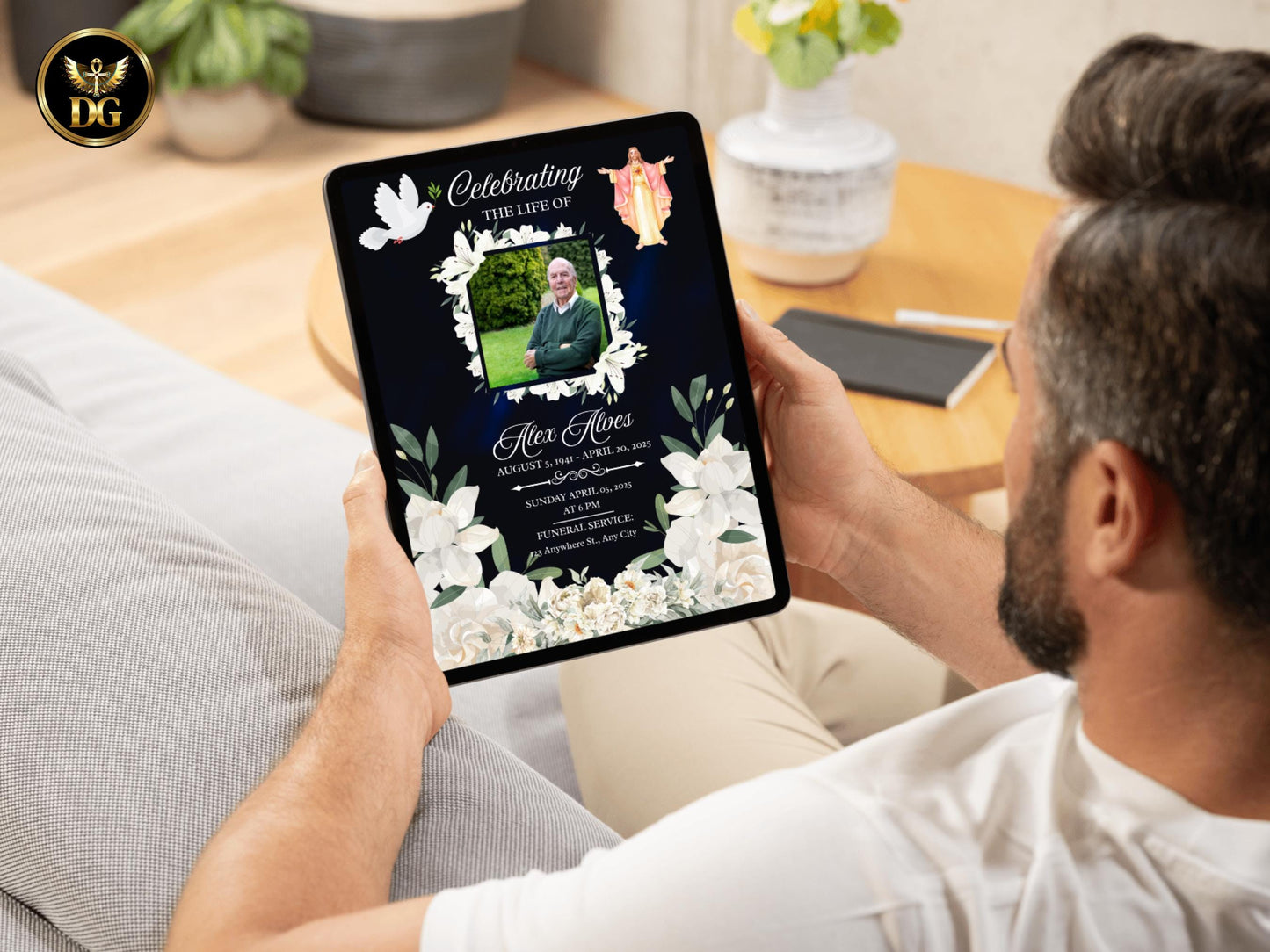 White Floral Christian Funeral Invitation Template (Digital Download)