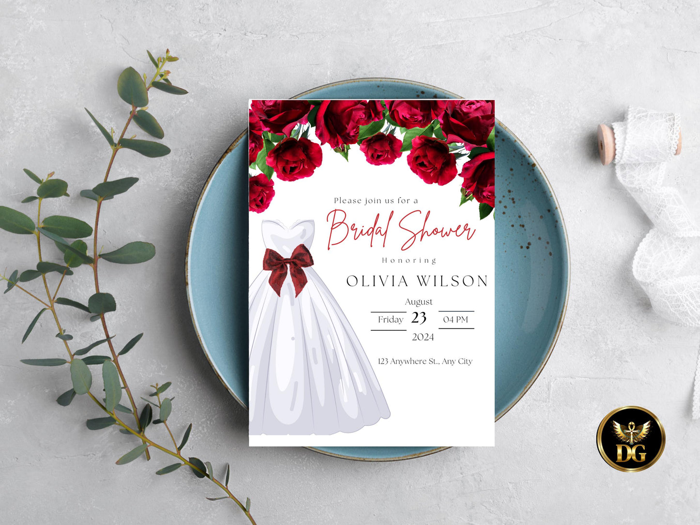 Red Roses Bridal Shower Invitation: Wedding Dress, Editable Template (Digital Download) Printable Invitation Template Editable Canva Instant