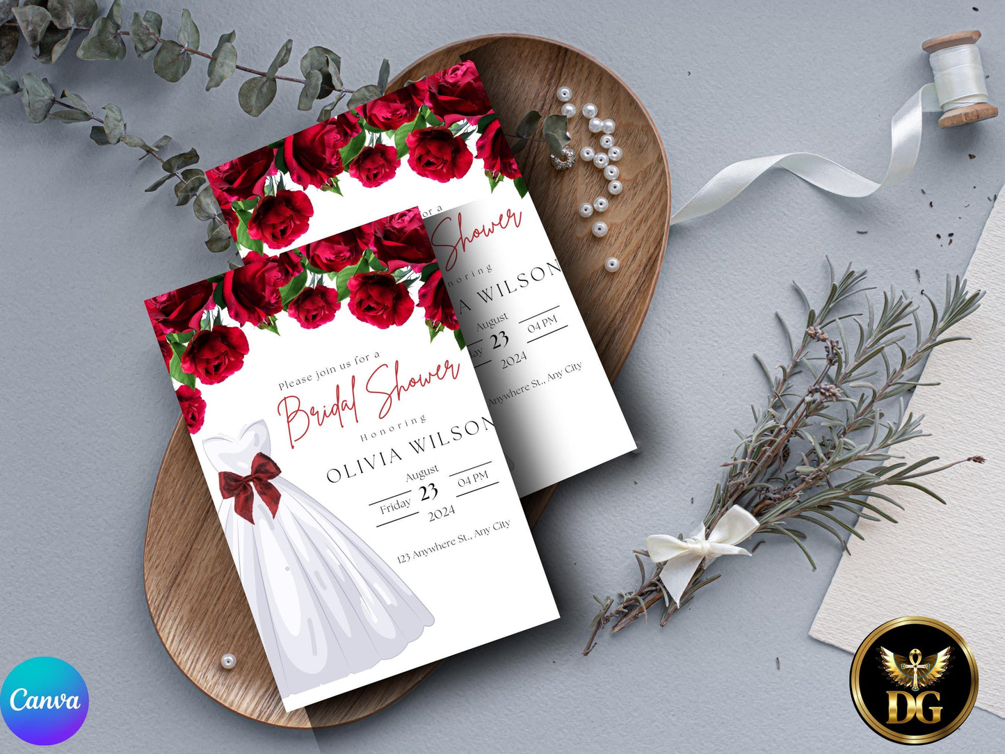 Red Roses Bridal Shower Invitation: Wedding Dress, Editable Template (Digital Download) Printable Invitation Template Editable Canva Instant