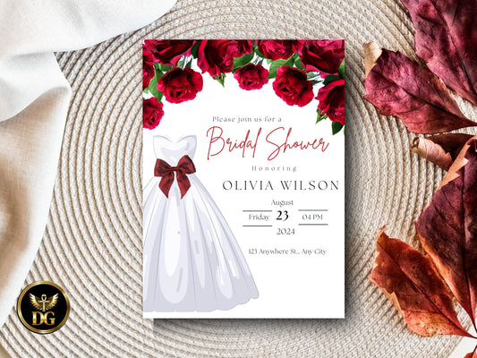 Red Roses Bridal Shower Invitation: Wedding Dress, Editable Template (Digital Download) Printable Invitation Template Editable Canva Instant