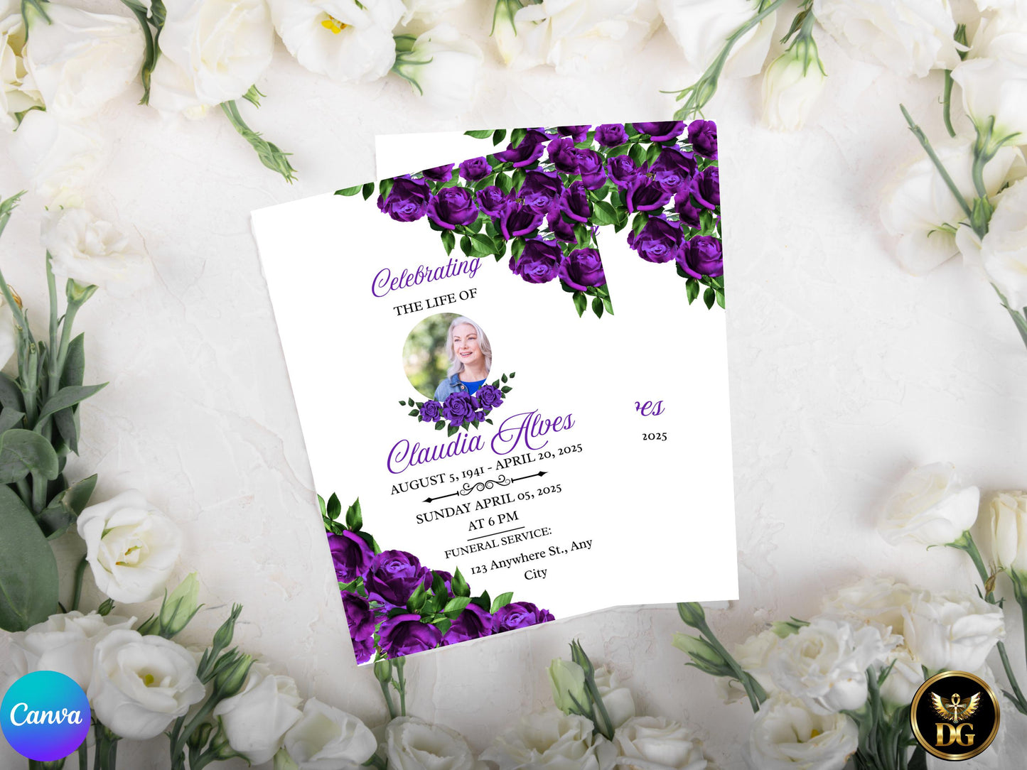 Purple Roses Memorial Invitation Elegant Celebration of Life Template(Digital Download, Canva Template)Printable Invitation TemplateEditable