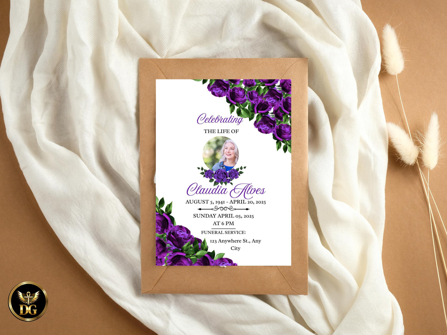 Purple Roses Memorial Invitation Elegant Celebration of Life Template(Digital Download, Canva Template)Printable Invitation TemplateEditable