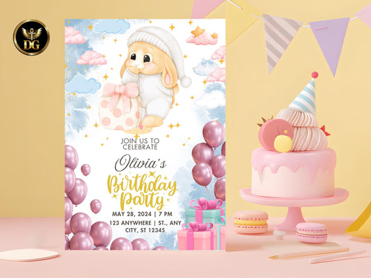 Cute Baby First Birthday Invitation - Editable Printable Template - Pastel Digital Download Printable Invitation Template Editable Canva