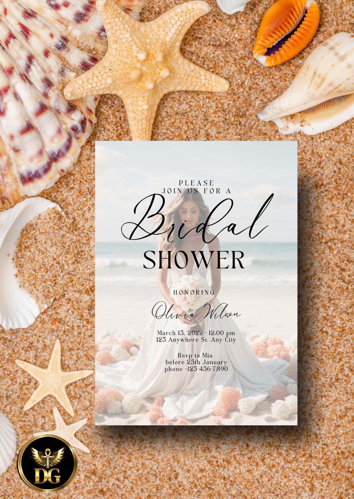 Beach Bridal Shower Invitation: Modern Ocean Theme (Digital Download, Template)Printable Invitation Template Editable Canva Instant Download