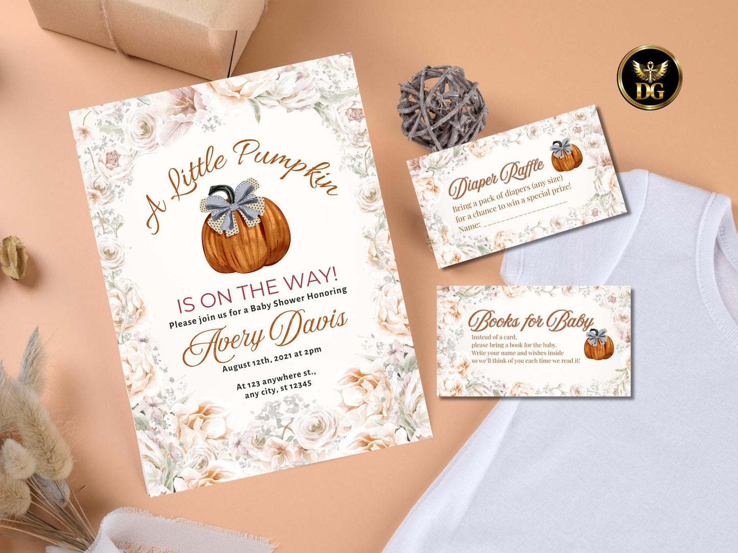 Pumpkin Baby Shower Invitation Set Fall Baby Shower Suite Diaper Raffle Book Cards Printable Invitation Template Editable Instant Download