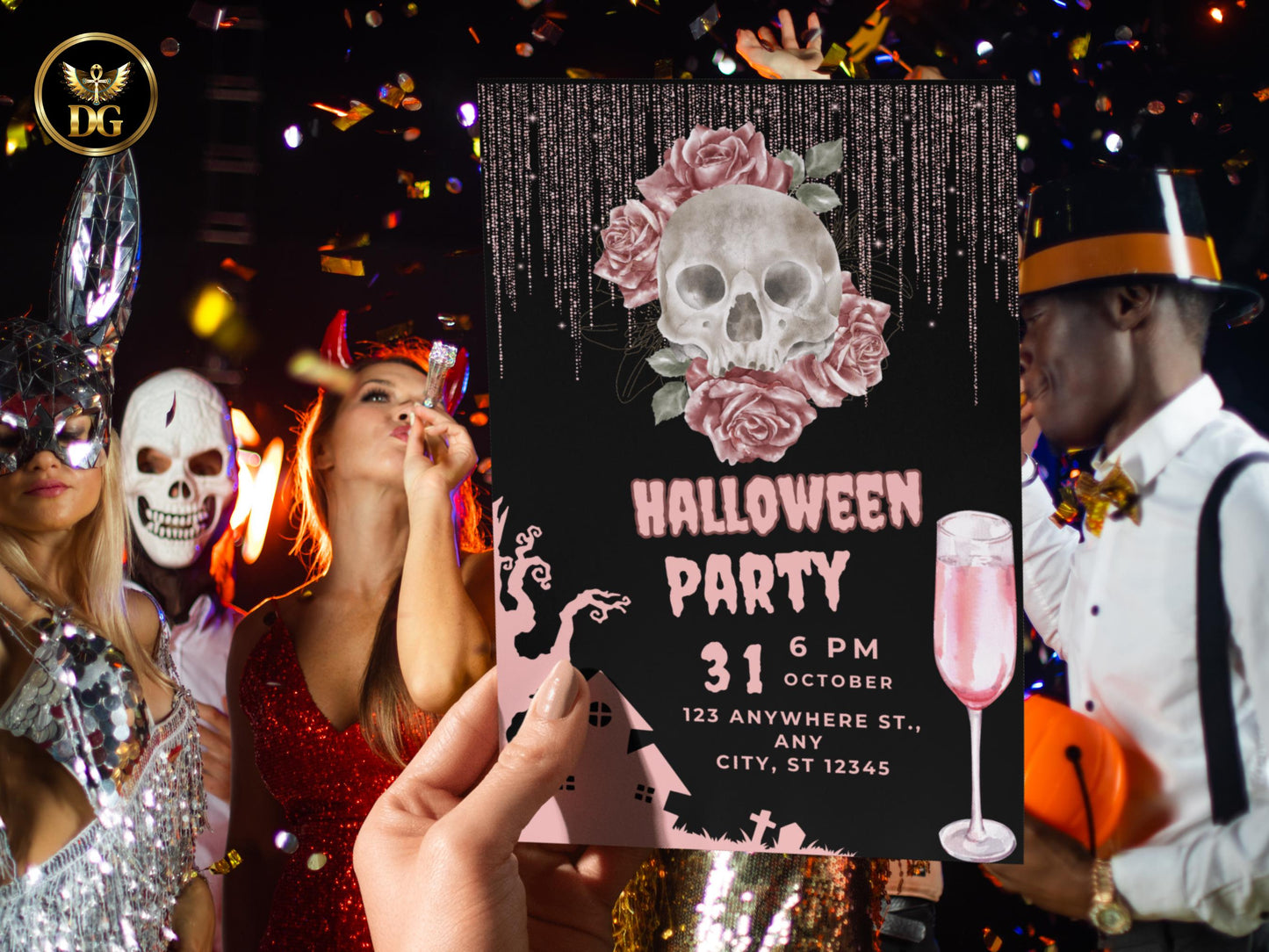 Halloween Party Invitation Pink Skull Gothic Glam Halloween Invite Glitter Glass Printable Invitation Template Editable Instant Download