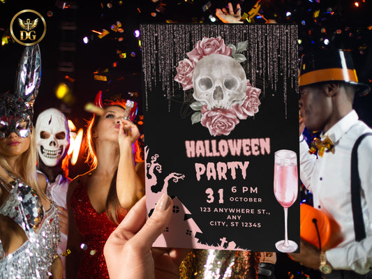 Halloween Party Invitation Pink Skull Gothic Glam Halloween Invite Glitter Glass Printable Invitation Template Editable Instant Download