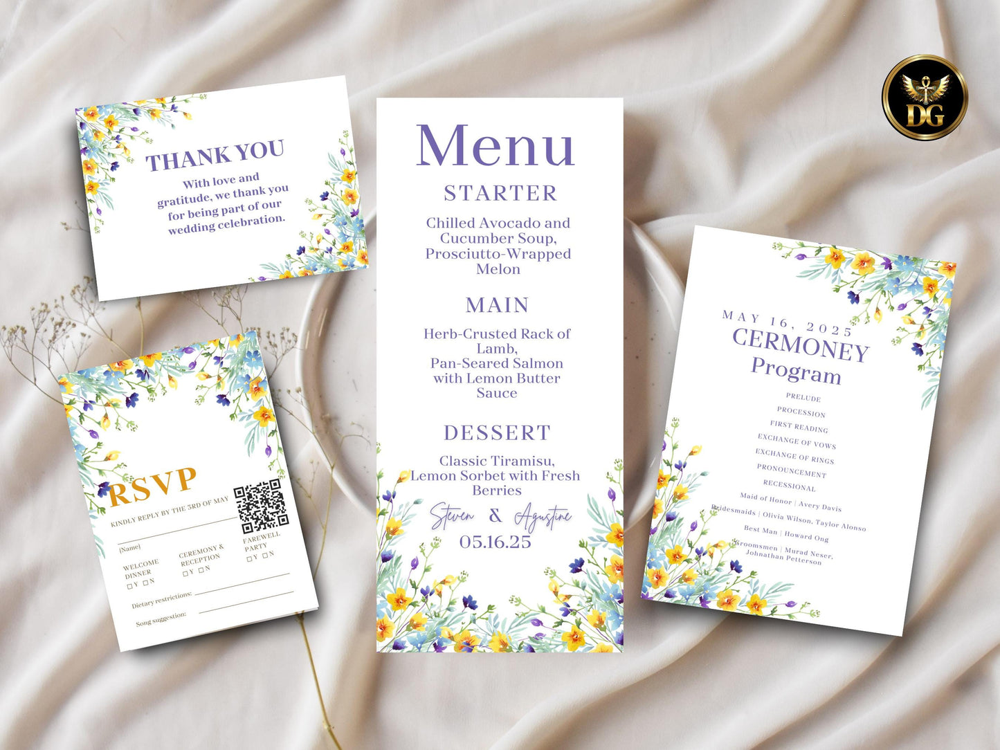 Wedding Invitation set Blue & Yellow Daisy : Editable Floral Template Digital Download Printable Invitation Template Editable Canva Instant