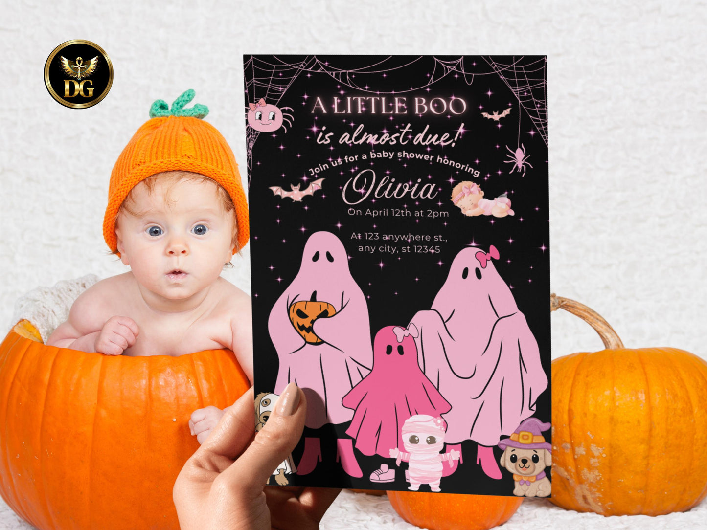Halloween Baby Shower Invitation Girl Spooky Cute Baby Shower Template Editable PinkBaby Shower Invite Printable Canva Card Instant Download