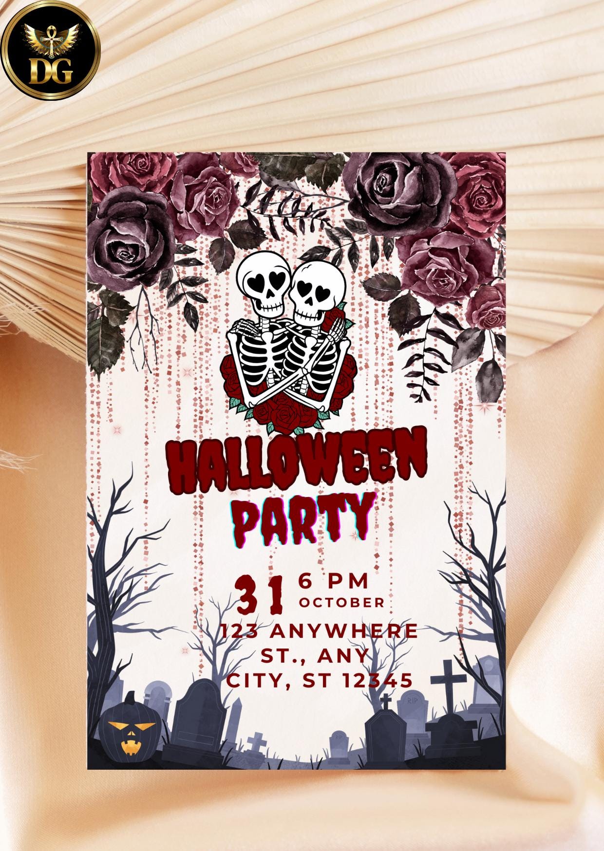 Spooky Halloween Party Invitation | Skeleton Couple Invite | Gothic Adult Halloween Card | Printable Editable Template