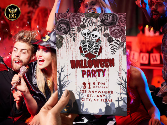 Spooky Halloween Party Invitation | Skeleton Couple Invite | Gothic Adult Halloween Card | Printable Editable Template